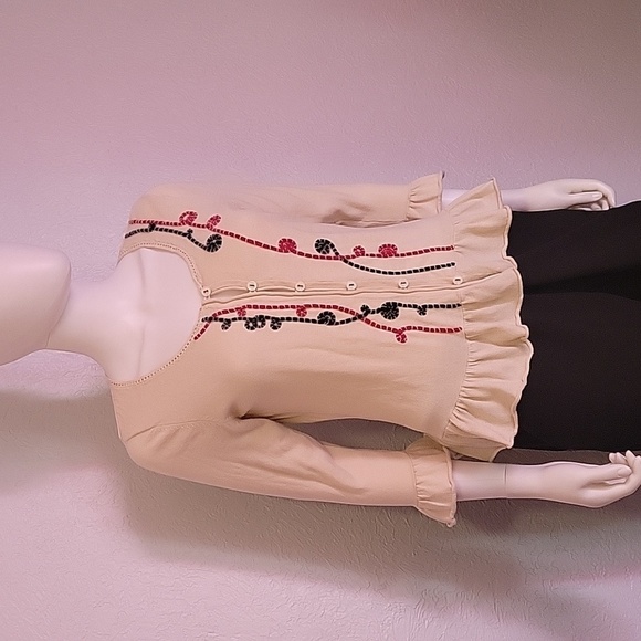 VTG NICK & MO Cream Ruffle Embroidered Peplum Button Down Sweater Medium - Picture 2 of 8